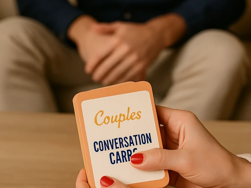 Hands with red nails holding a “Couples Conversation Cards” prompt at a cozy coffee table; partner blurred in the background