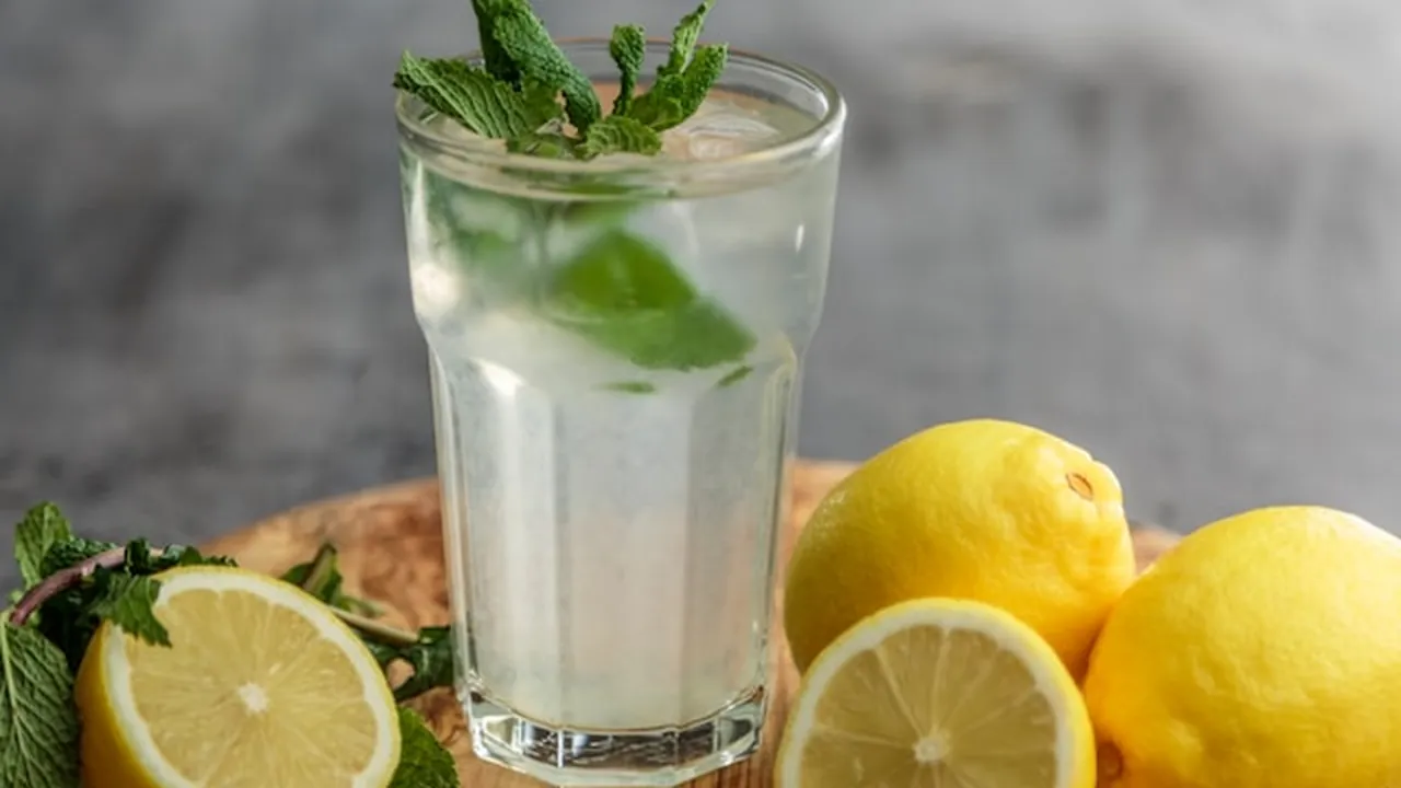 Tall glass of clear lemonade with mint on a wooden board, surrounded by fresh lemons.