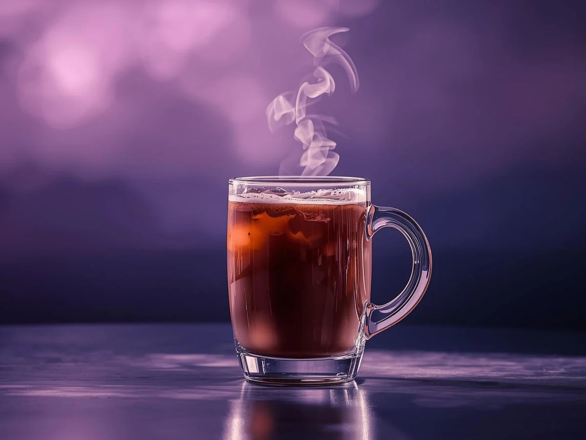 Steaming cacao-toned latte in a clear glass mug with dreamy purple-pink moonlight background
