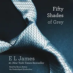 Audiobook cover of Fifty Shades of Grey by E. L. James, silver tie on dark blue background