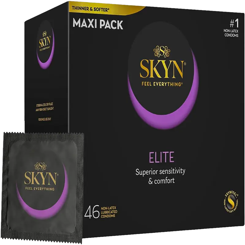 SKYN Elite non-latex condoms packaging with individual wrapper, emphasizing comfort, sensitivity, and body-safe protection.