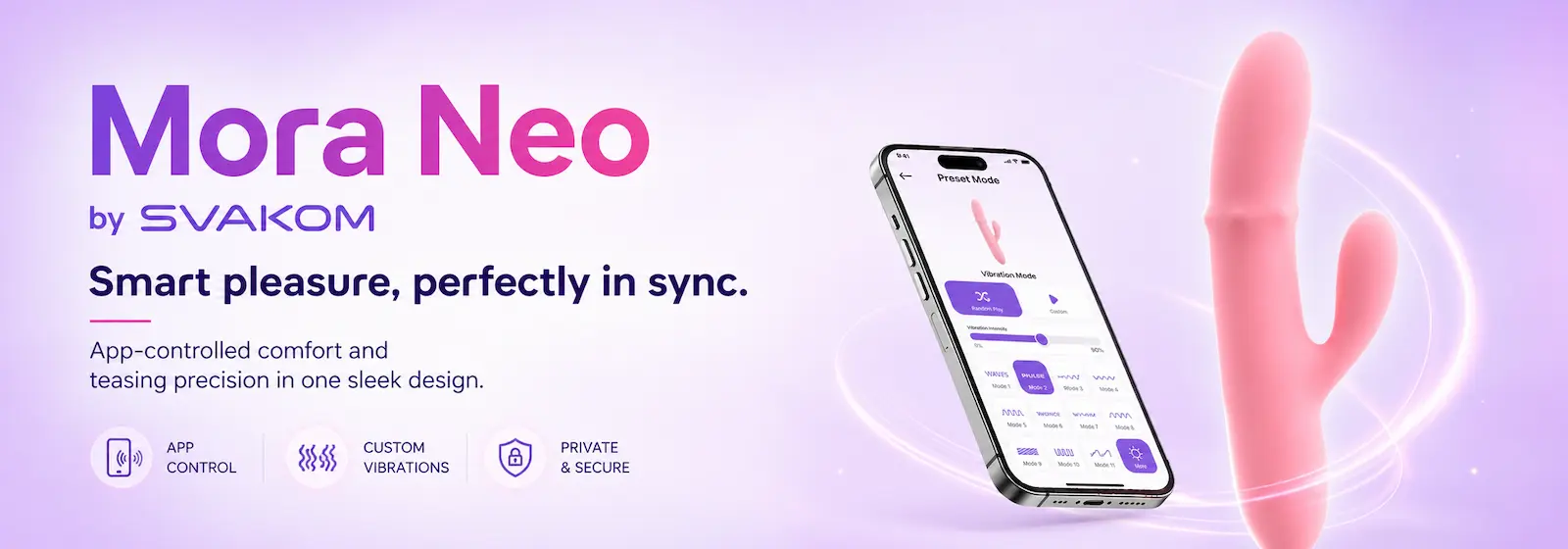 Mora Neo by SVAKOM app-controlled vibrator banner with smartphone app interface