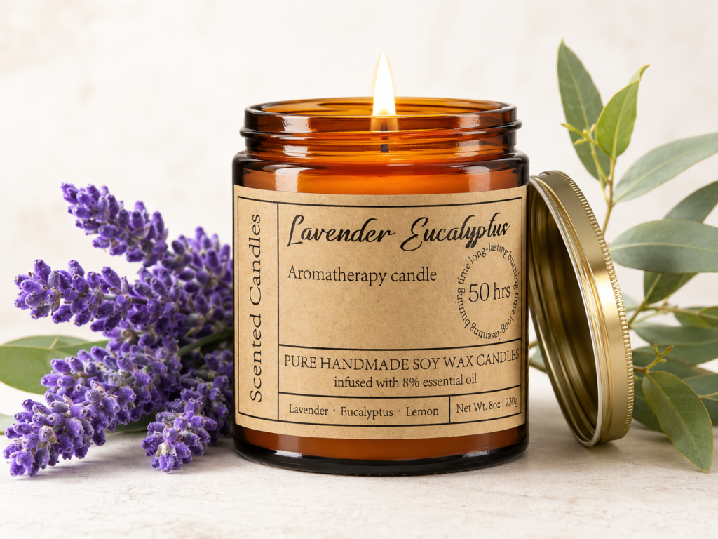 Lavender eucalyptus aromatherapy candle in an amber glass jar with lavender flowers and eucalyptus leaves