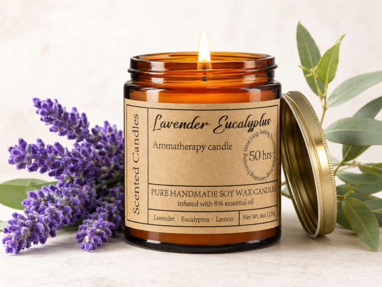 Lavender eucalyptus aromatherapy candle in an amber glass jar with lavender flowers and eucalyptus leaves