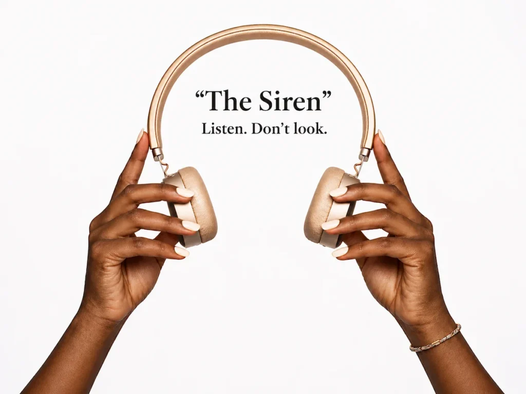 Hands holding gold headphones with The Siren text, representing an audio-first intimate experience built around anticipation and desire