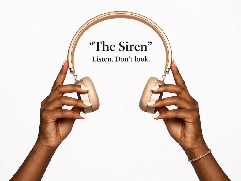Hands holding gold headphones with The Siren text, representing an audio-first intimate experience built around anticipation and desire