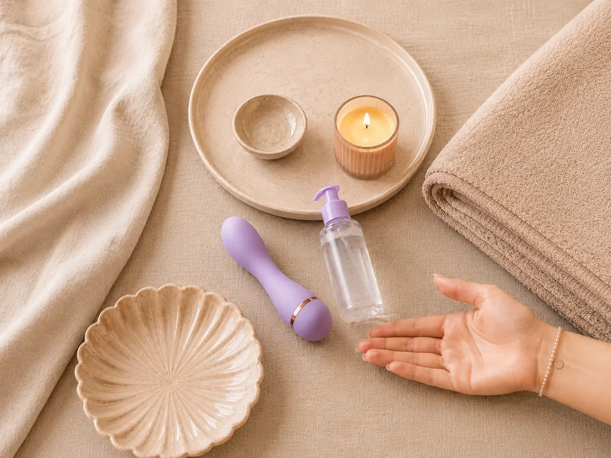 Beginner-friendly vibrator and water-based lubricant in a soft self-care flat lay