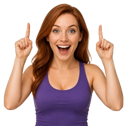 Confident woman in a purple top pointing upward with an empowering expression
