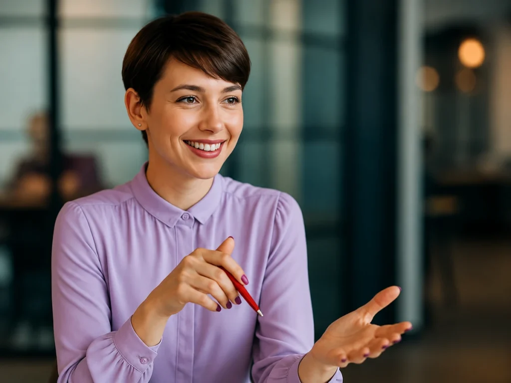Smiling woman in a lavender blouse holding a red pen during a focused conversation in a modern office
