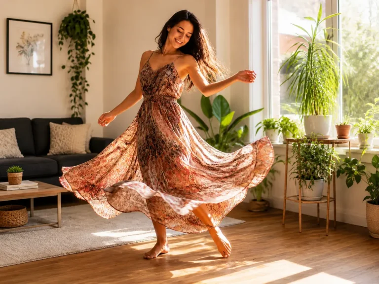Woman dancing barefoot in a floral dress in a sunlit living room, representing mindful movement, body confidence, and joyful self-connection