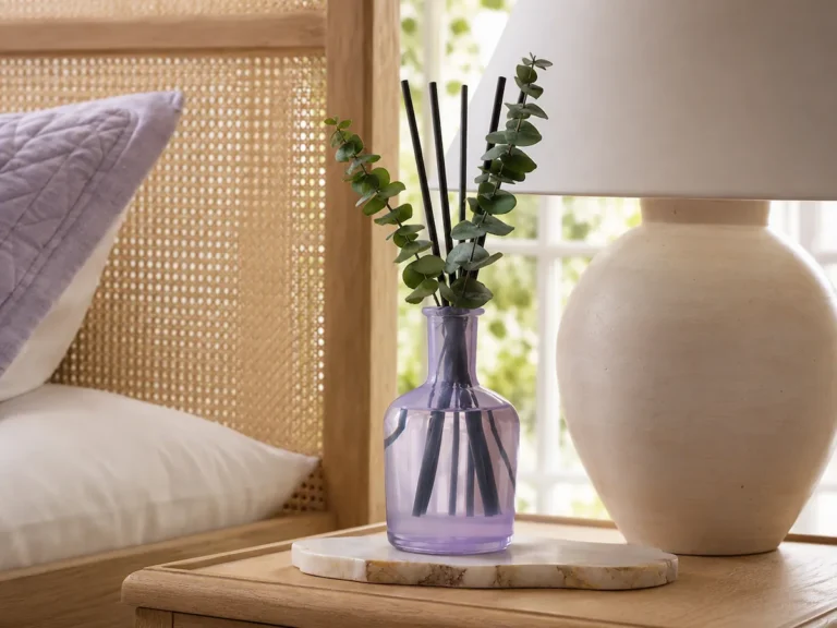 Lavender eucalyptus reed diffuser on a bedroom nightstand with a ceramic lamp, eucalyptus stems, and soft natural light