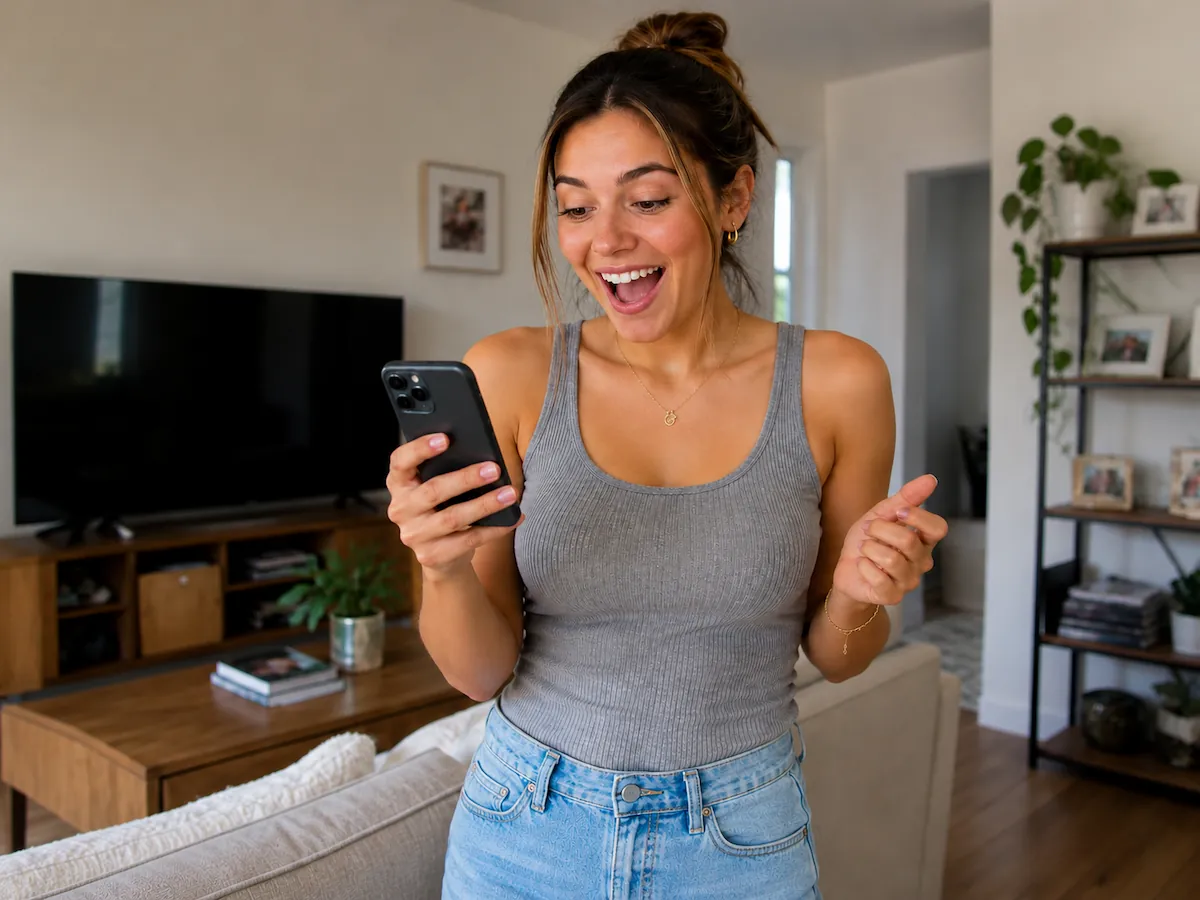 Surprised woman smiling at her smartphone in a cozy living room, representing digital connection, playful anticipation, and emotional engagement