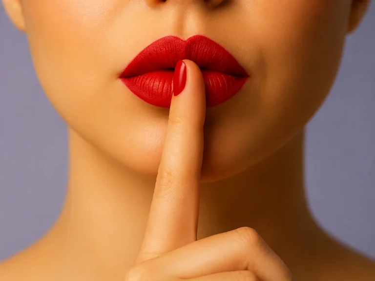 Close-up of red lips with a finger in a shushing gesture, representing calm clarity, quiet focus, and simplified communication