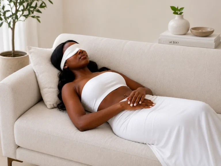 Blindfolded woman resting on a cream sofa in a calm minimalist room, representing relaxation, sensory focus, and quiet intimate wellness