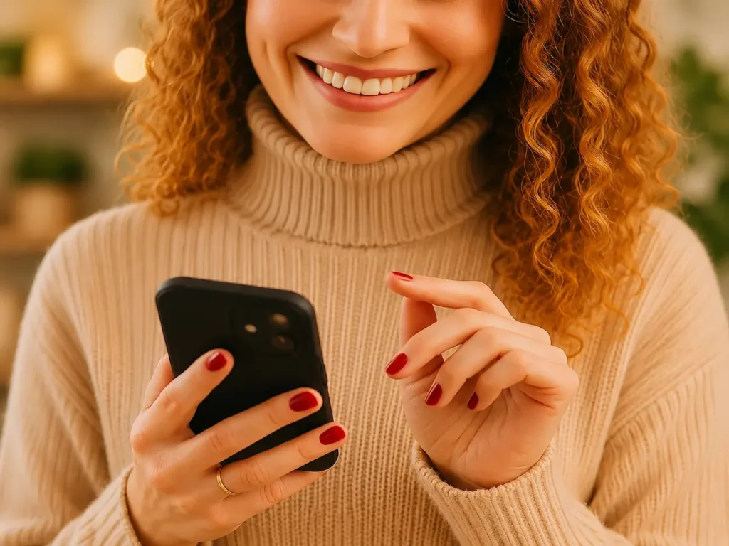 Smiling woman in a beige turtleneck sweater holding a smartphone with red manicured nails in a warm cozy setting