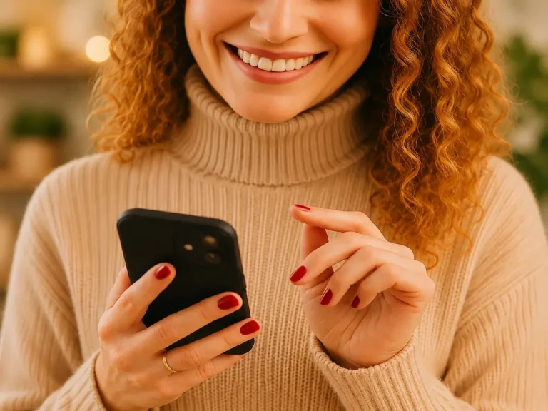 Smiling woman in a beige turtleneck sweater holding a smartphone with red manicured nails in a warm cozy setting