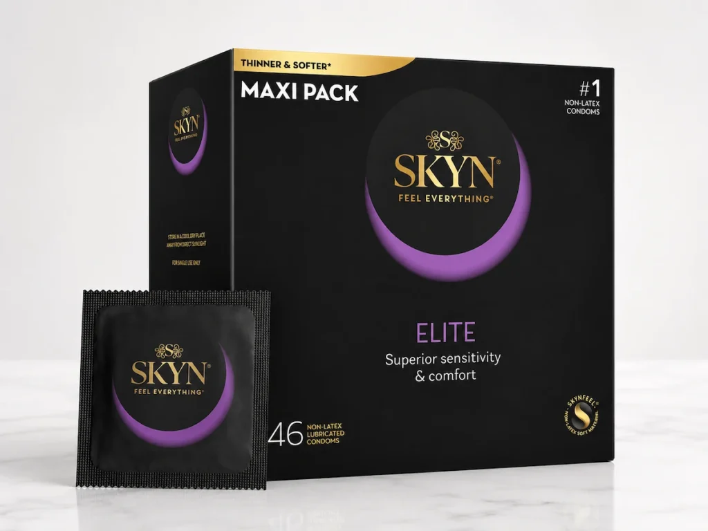 SKYN Elite non-latex condoms maxi pack with individual condom wrapper, highlighting comfort, sensitivity, and safer intimacy