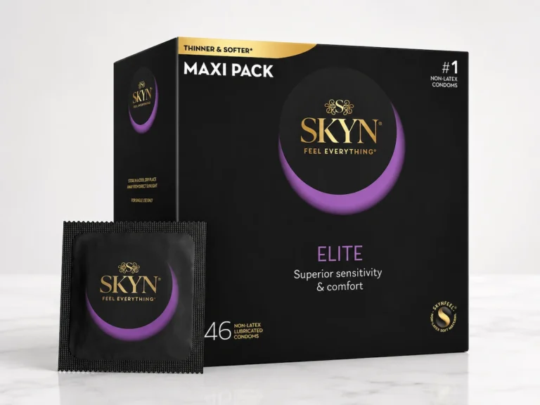 SKYN Elite non-latex condoms maxi pack with individual condom wrapper, highlighting comfort, sensitivity, and safer intimacy
