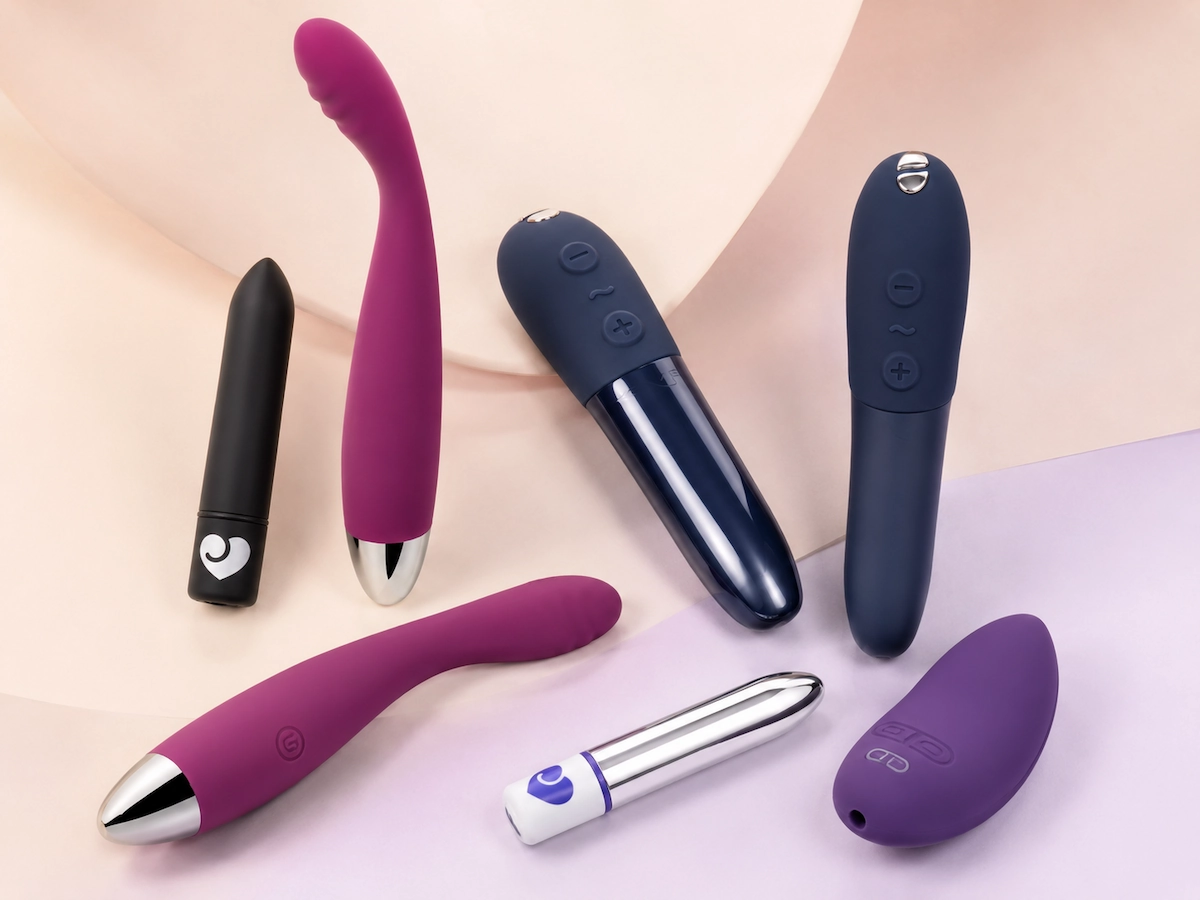 Beginner-friendly vibrators arranged on a soft VibeSequence-style pastel background