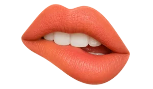 Realistic coral lips with soft lipstick texture and subtle visible teeth on a transparent background