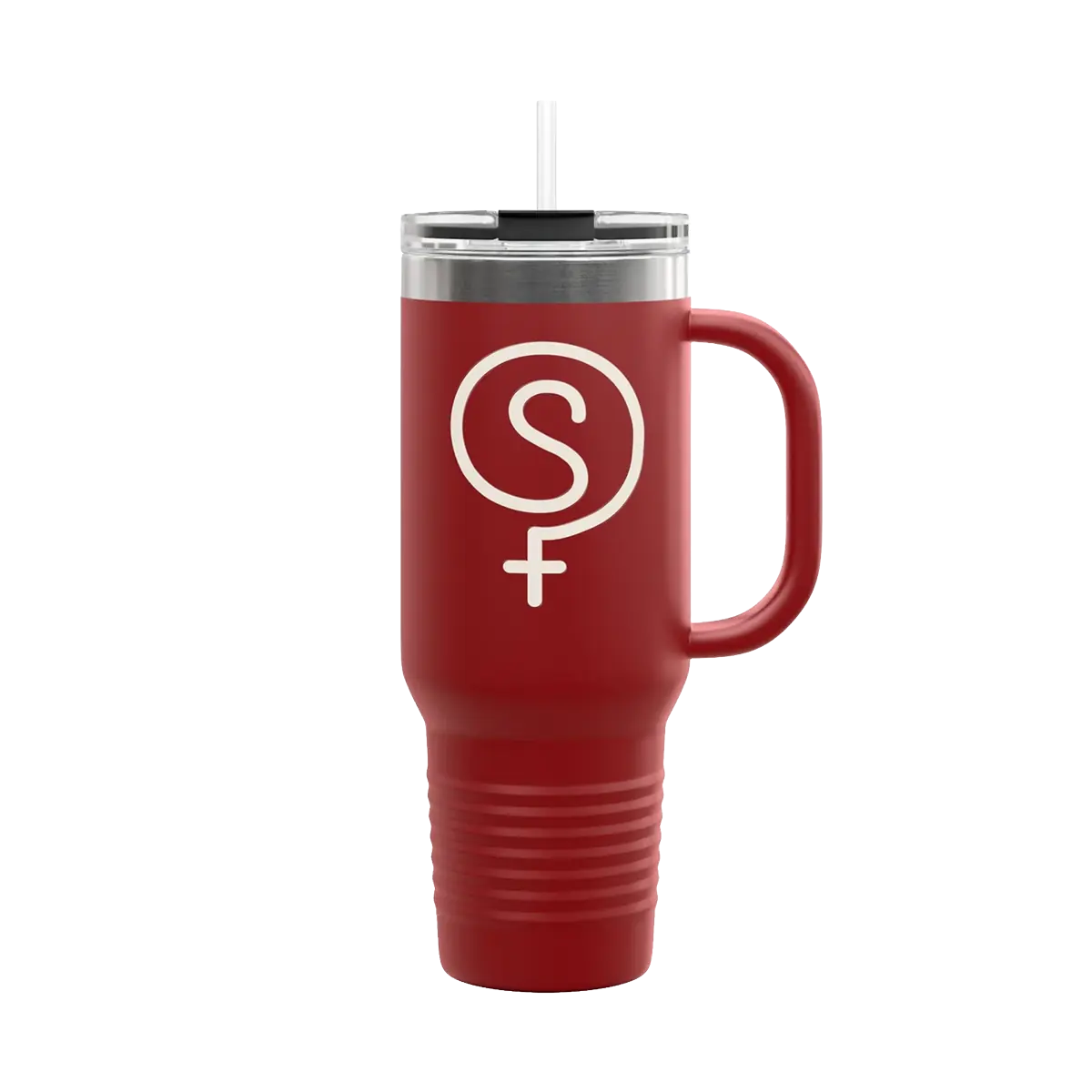 VibeSequence accessories mockup featuring a red travel tumbler