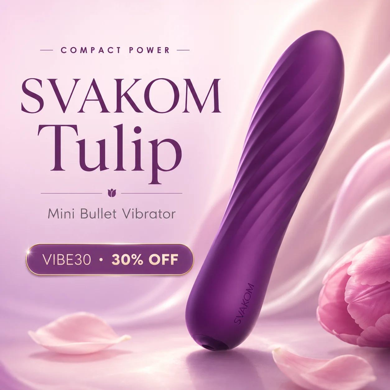 SVAKOM Tulip mini bullet vibrator on a soft pink silk background with VIBE30 discount code