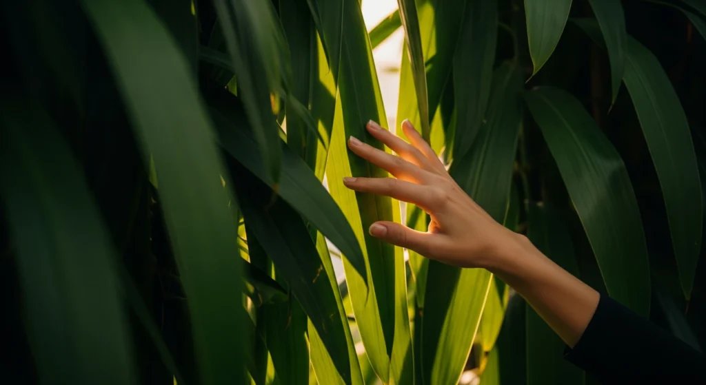 A hand gently touching green leaves, representing female pleasure, self-permission, and mindful intimate wellness