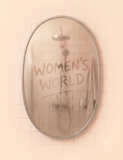 Foggy shower mirror with the words “Women’s World” written on it, representing a private, personal space