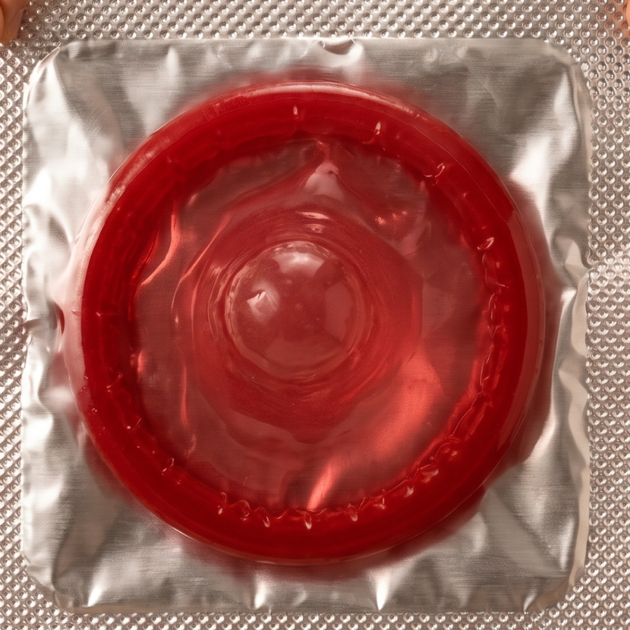 A condom packet held between two fingertips, filling the frame.