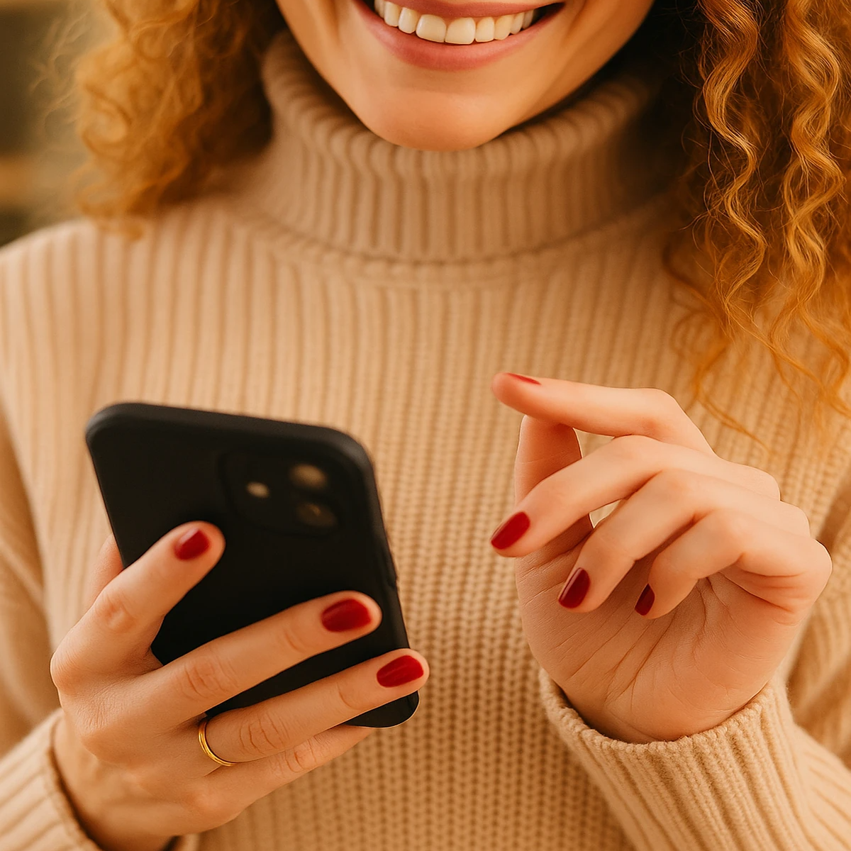 Smiling woman in a warm sweater holding her phone, curious and engaged.