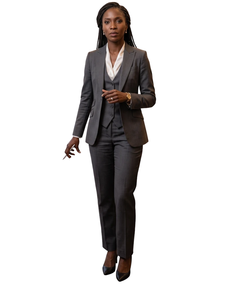 Woman in a tailored grey three-piece suit standing confidently, holding a pen — Empowering vibe quiz result hero