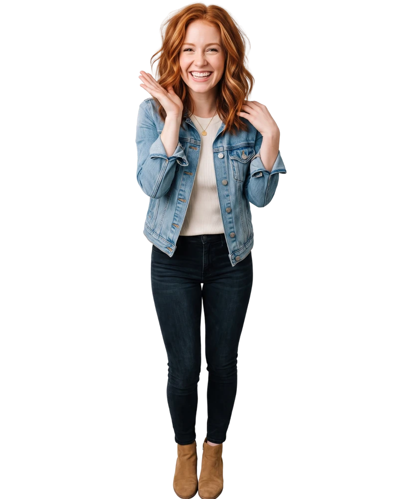 Woman in a denim jacket laughing brightly with her hand in her hair — Playful vibe quiz result hero
