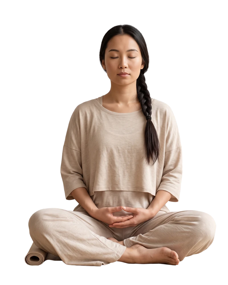 Woman meditating cross-legged in neutral loungewear with a rolled yoga mat, eyes closed — Relaxing vibe quiz result hero