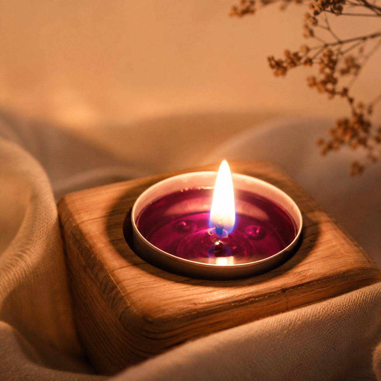 A lit tealight candle glowing in a wooden holder, warm and softly lit.