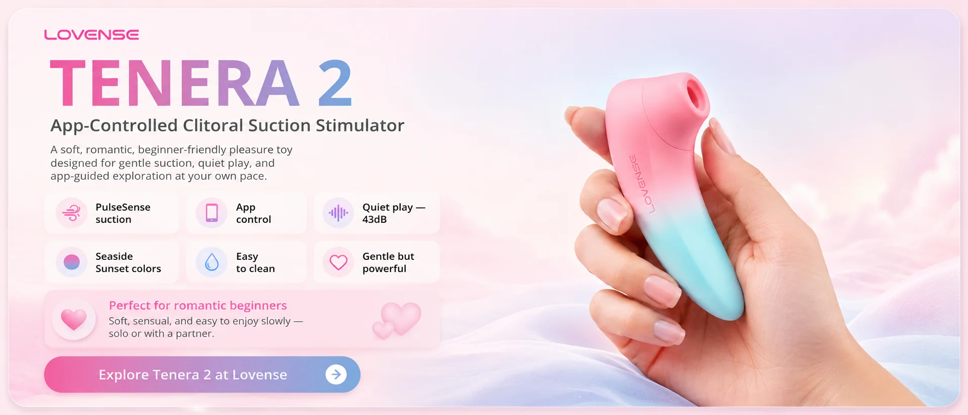 Lovense Tenera 2 app-controlled clitoral suction stimulator banner with soft pastel colors