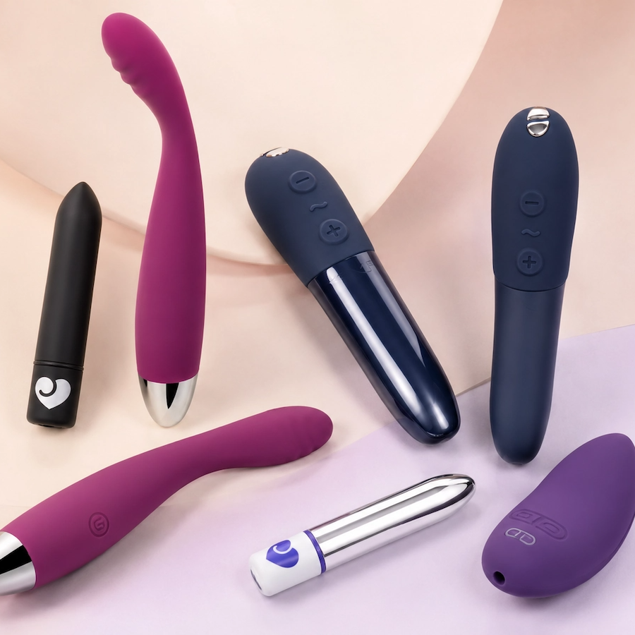 A curated collection of beginner-friendly vibrators arranged on a soft pastel background