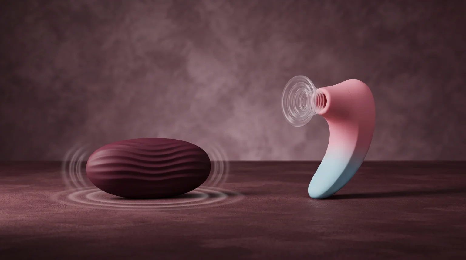 Two clitoral toys illustrating vibration and air-pulse stimulation.