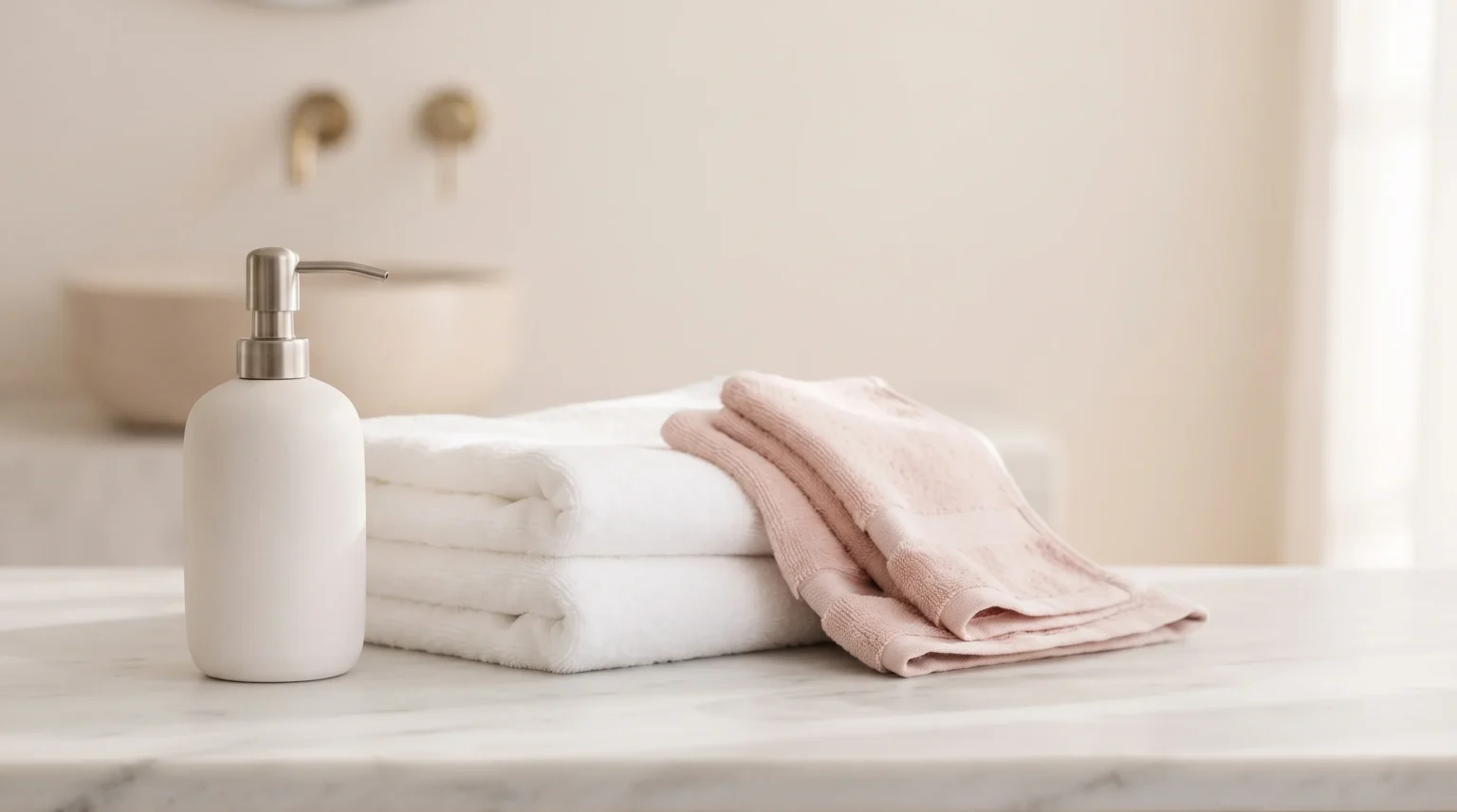 Neatly folded white and blush towels beside a plain soap dispenser in soft morning light