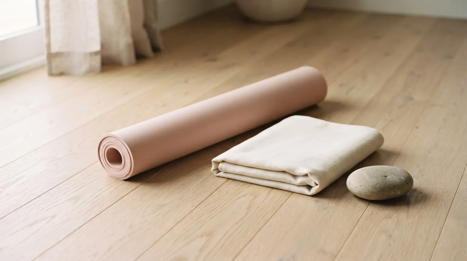 A rolled blush yoga mat, folded linen blanket and smooth stone on a wooden floor in soft morning light