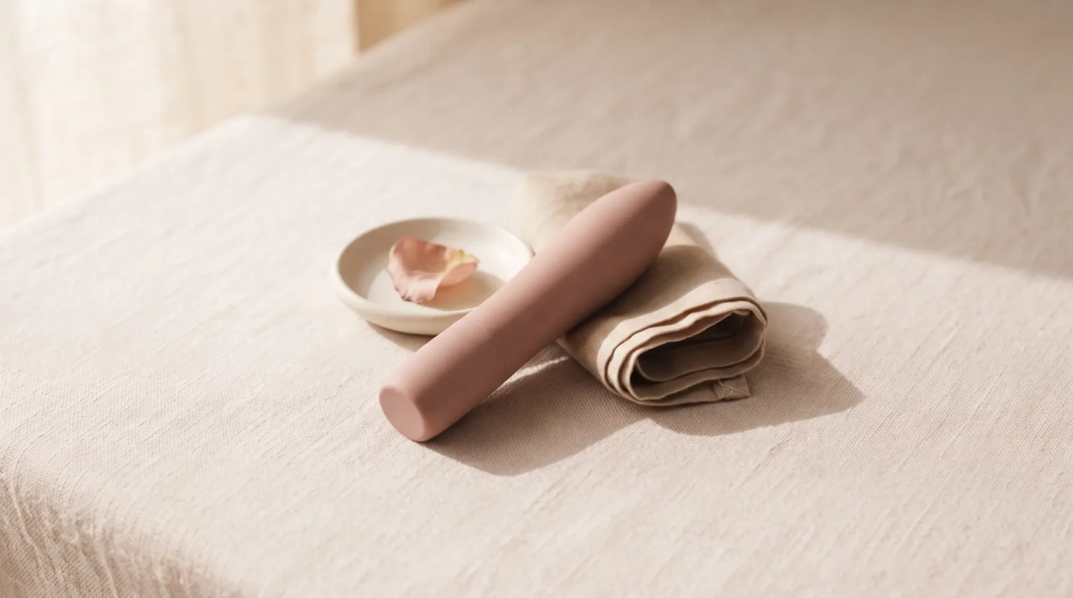 A modern vibrator resting on soft ivory and blush linen in warm natural light