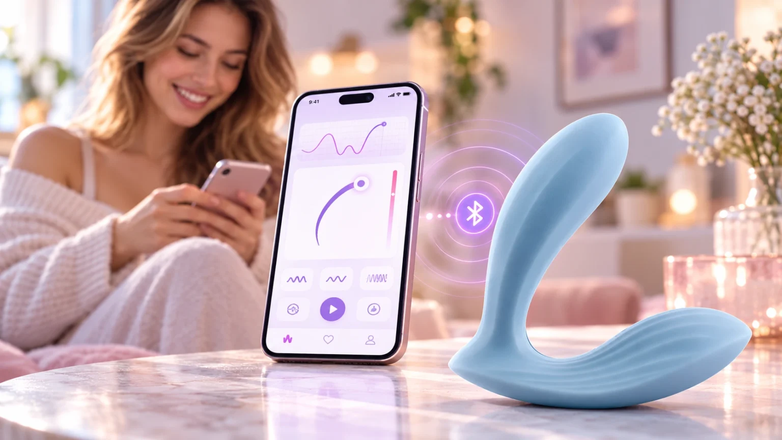 A woman smiling at her phone beside a smartphone app with vibration controls and a light-blue vibrator on a table