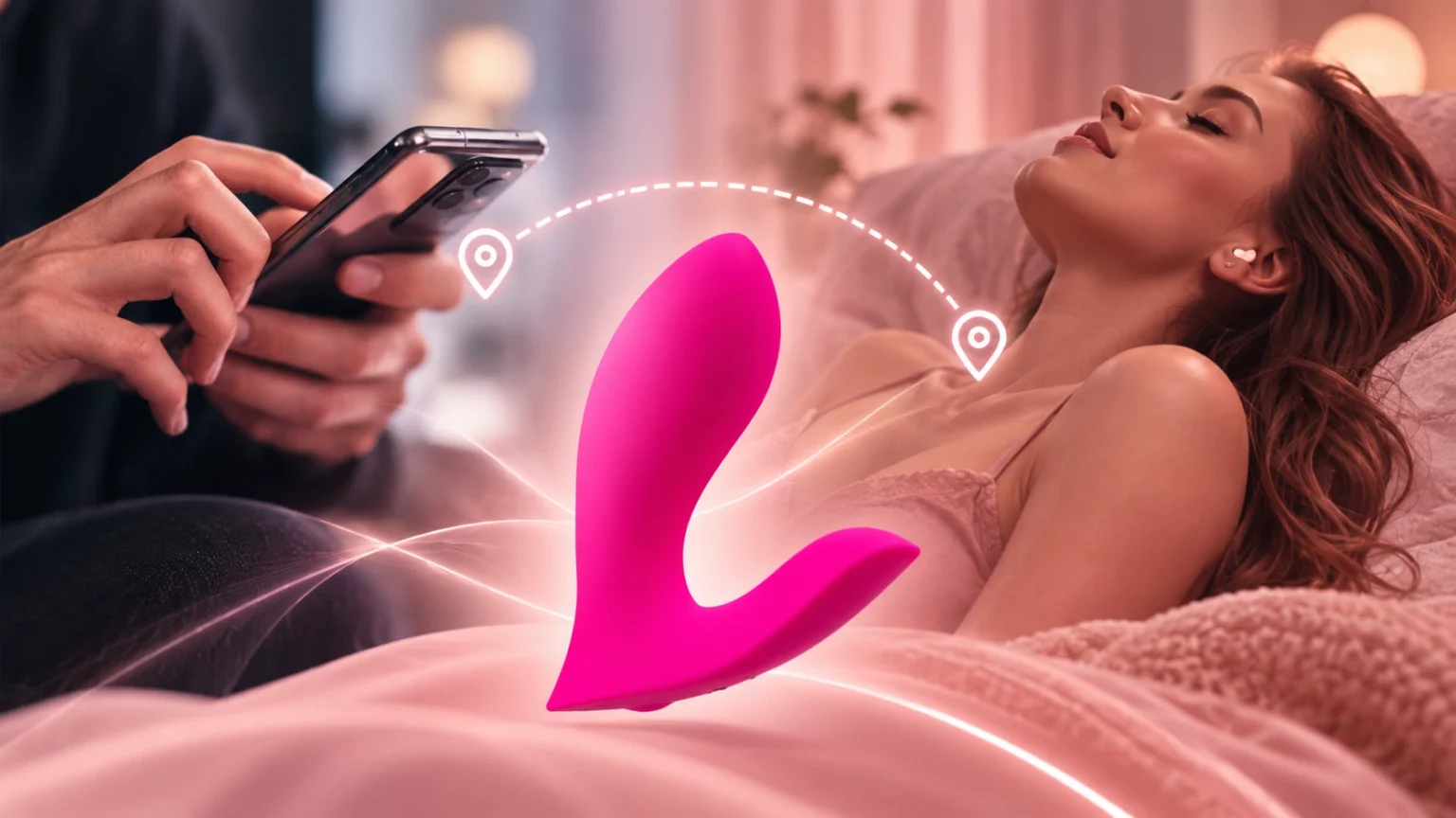 A hand holding a smartphone, linked by a dotted location line to a woman relaxing in bed, with a pink vibrator in the foreground