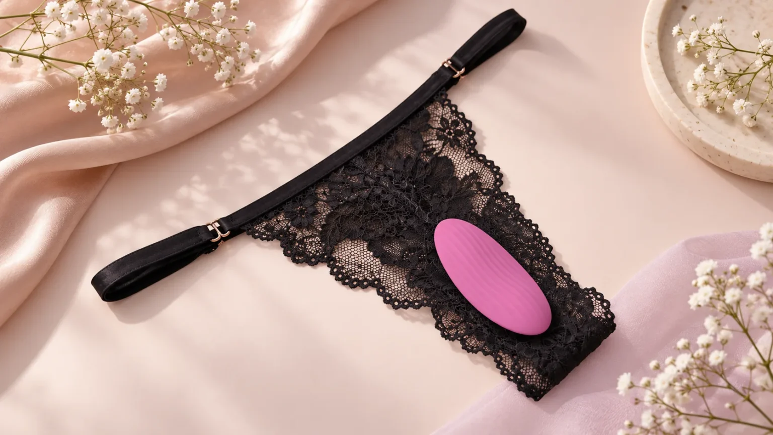 Black lace panties with adjustable side straps and a small pink oval vibrator resting on the front