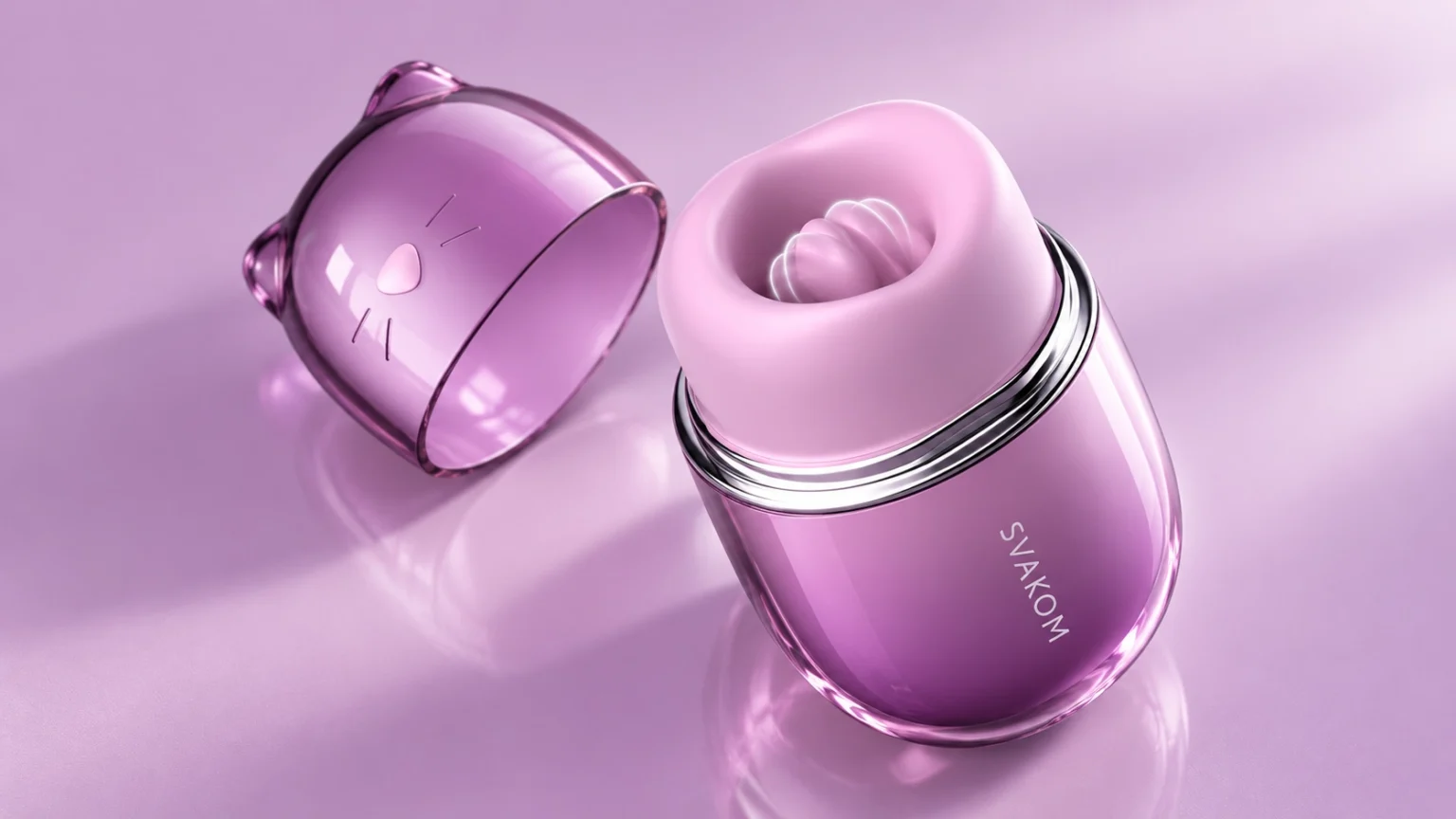 SVAKOM Klitty clitoral stimulator with its cat-ear cap beside it, viewed from a raised angle