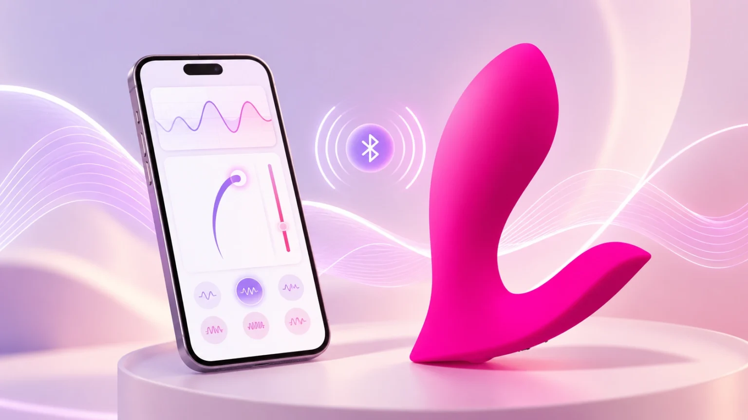 A pink C-shaped vibrator on a display stand beside a smartphone app with vibration controls